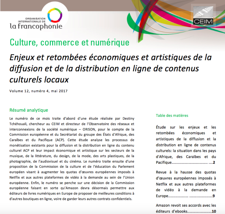 Enjeux et retombées économiques et artistiques de la diffusion et de la distribution en ligne de contenus culturels locaux