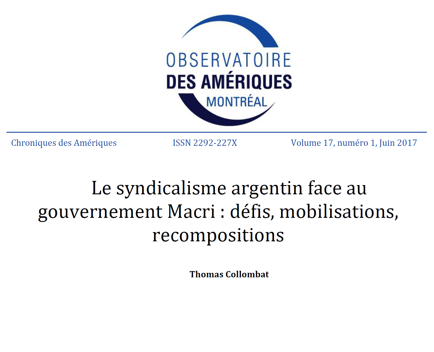 Le syndicalisme argentin face au gouvernement Macri : défis, mobilisations, recompositions