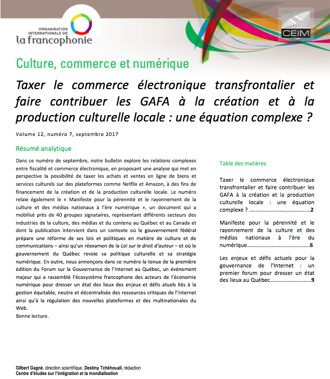 Taxer le commerce électronique transfrontalier et faire contribuer les GAFA à la création et à la production culturelle locale : une équation complexe ?