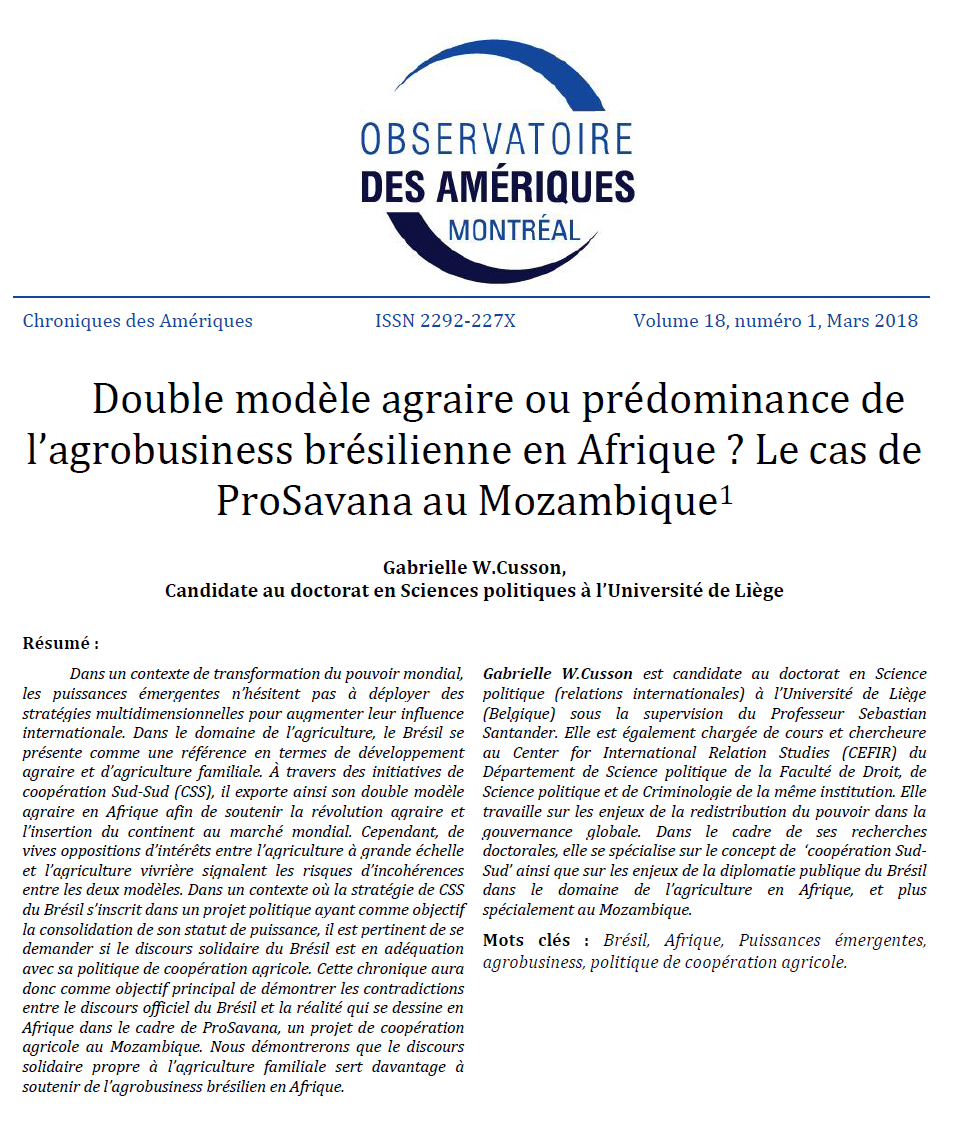 Double modèle agraire ou prédominance de l'agrobusiness brésilienne en Afrique ? Le cas de ProSavana au Mozambique 