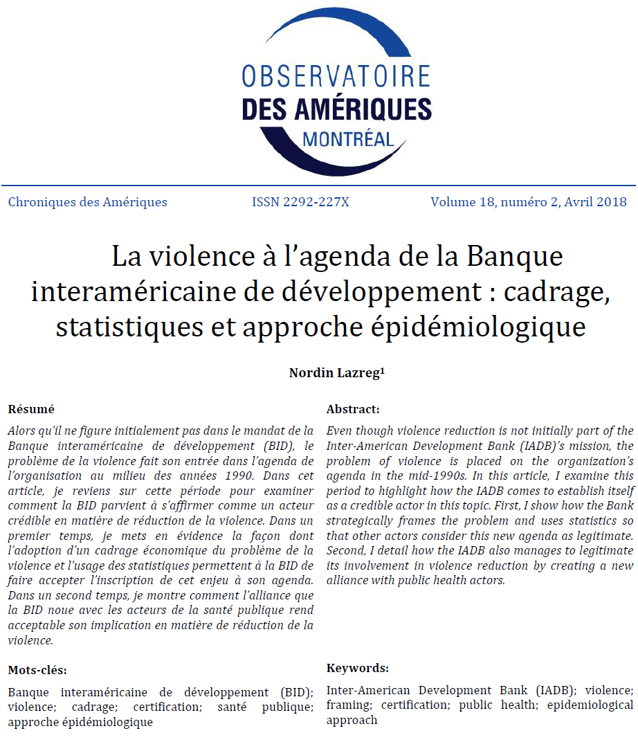 La violence à l'agenda de la Banque interaméricaine de développement : cadrage, statistiques et approche épidémiologique