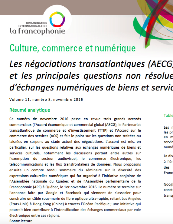 Les négociations transatlantiques (AECG, TTIP et ACS) et les principales questions non résolues en matière d'échanges numériques de biens et services culturels 