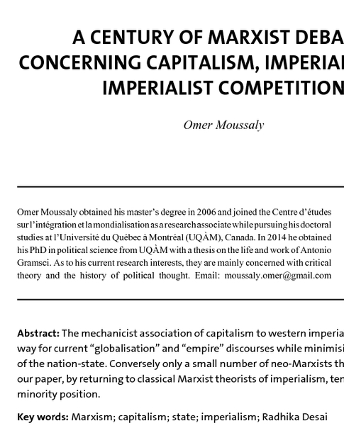 A Century of Marxist Debates Concerning Capitalism, Imperialism and Imperialist Competition