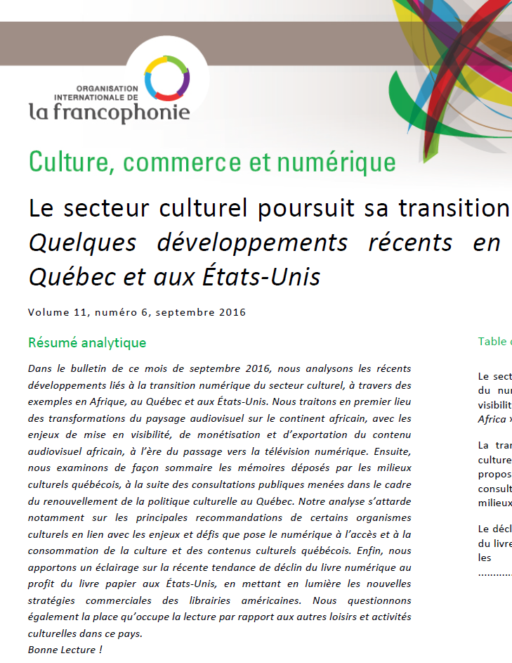 Le secteur culturel poursuit sa transition numérique : Quelques développements récents en Afrique, au Québec et aux États-Unis