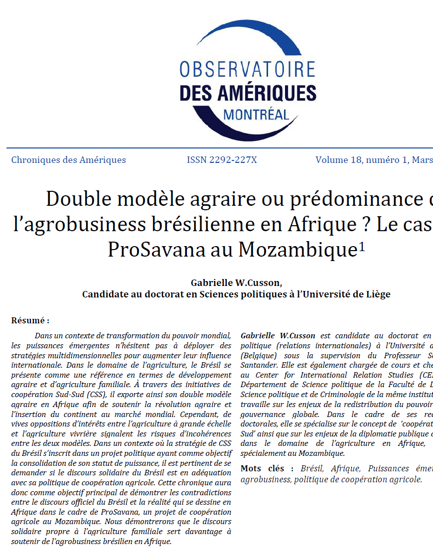 Double modèle agraire ou prédominance de l'agrobusiness brésilienne en Afrique ? Le cas de ProSavana au Mozambique 