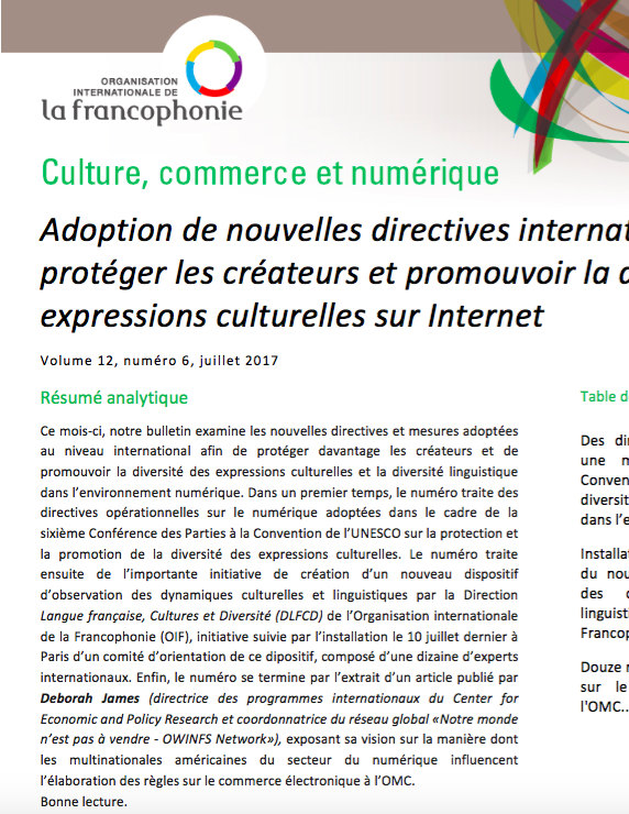 Adoption de nouvelles directives internationales pour protéger les créateurs et promouvoir la diversité des expressions culturelles sur Internet 